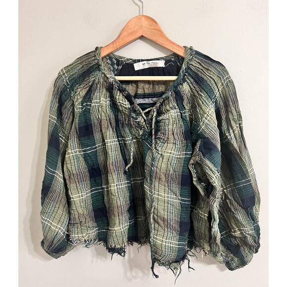 Free People Plaid Tunic Top Oversize Raw Hem Pullover Green Cloudbreaker XS - Picture 3 of 9